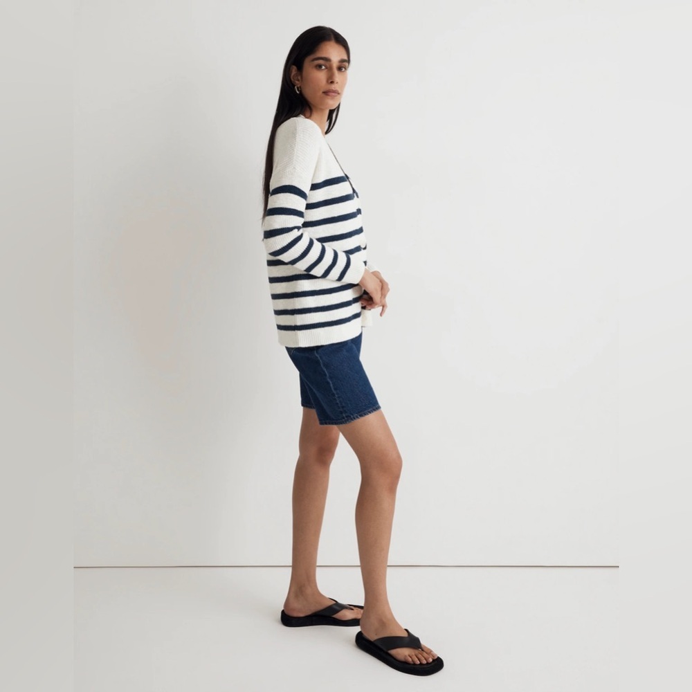 Madewell Striped V-Neck Button Front Cotton Cardigan | Small | Navy & Cream - Picture 3 of 14